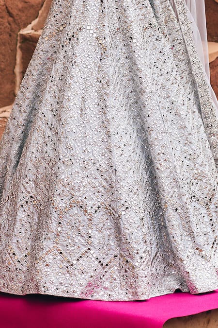 Angad Singh_Gray Silk, Net Mirrors, Zari, Gota Patti, Embroidery Ice Grey Raw Lehenga Set _Online_at_Aza_Fashions