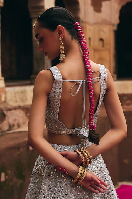 Buy_Angad Singh_Gray Silk, Net Mirrors, Zari, Gota Patti, Embroidery Ice Grey Raw Lehenga Set _Online_at_Aza_Fashions