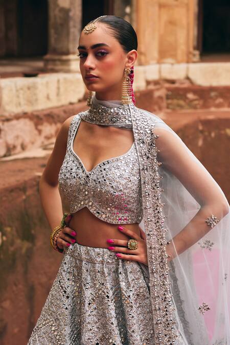 Shop_Angad Singh_Gray Silk, Net Mirrors, Zari, Gota Patti, Embroidery Ice Grey Raw Lehenga Set _Online_at_Aza_Fashions