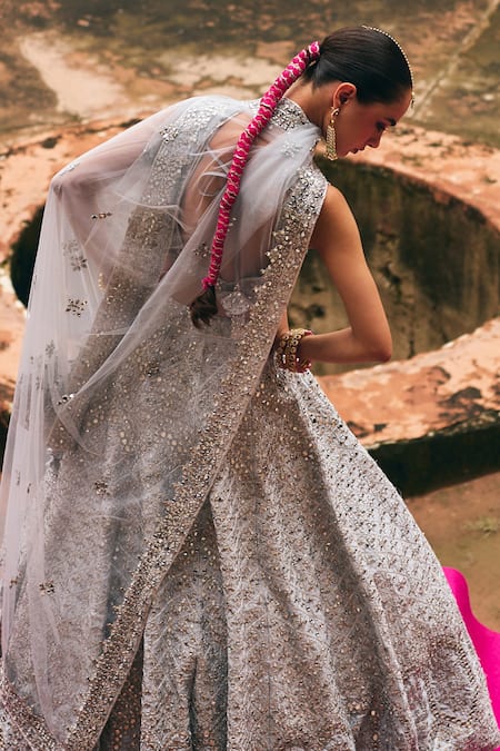 Angad Singh_Gray Silk, Net Mirrors, Zari, Gota Patti, Embroidery Ice Grey Raw Lehenga Set _at_Aza_Fashions