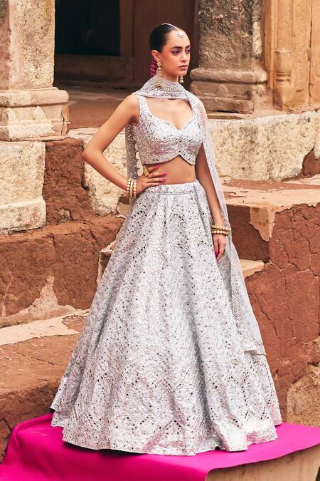 Buy_Angad Singh_Gray Silk, Net Mirrors, Zari, Gota Patti, Embroidery Ice Grey Raw Lehenga Set 