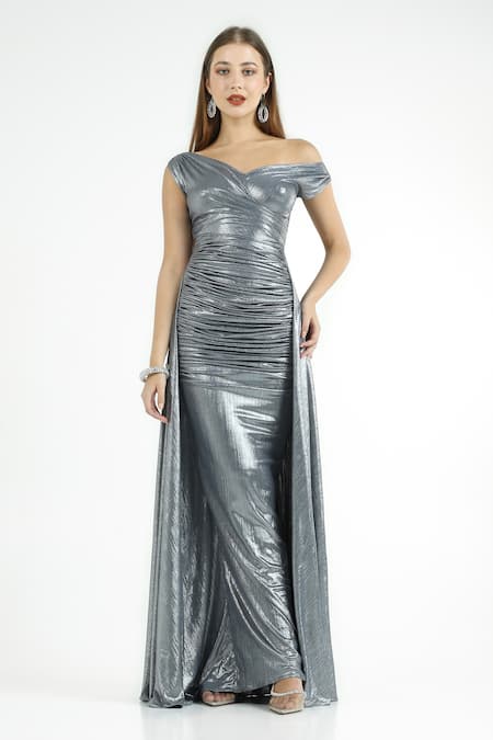 Cham Cham Draped Off-Shoulder Bias-Flared Gown 