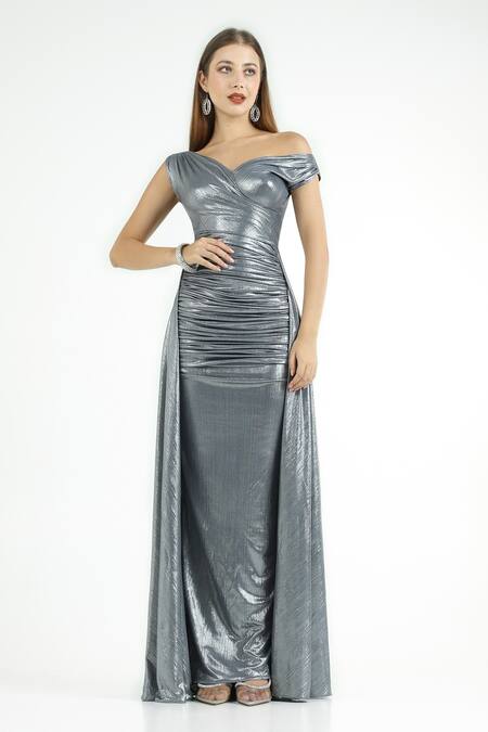 Buy_Cham Cham_Silver Polyester Off-shoulder Draped Bias-flared Gown _Online_at_Aza_Fashions