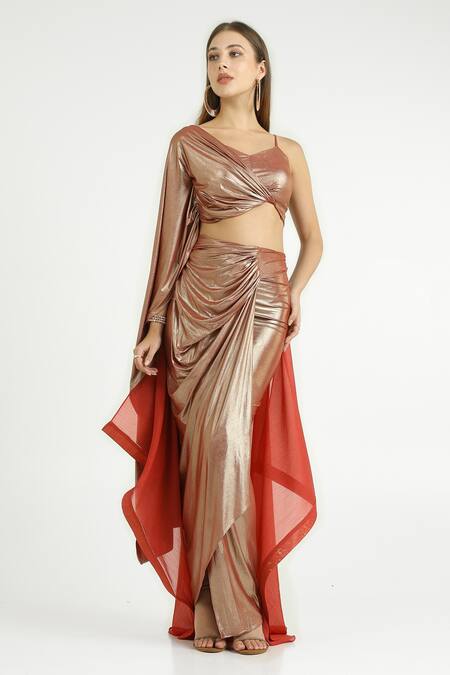 Buy_Cham Cham_Red Chiffon Sweetheart Neck, One Shoulder Draped Crop Top And Skirt Set  _Online_at_Aza_Fashions