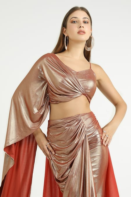 Shop_Cham Cham_Red Chiffon Sweetheart Neck, One Shoulder Draped Crop Top And Skirt Set  _Online_at_Aza_Fashions