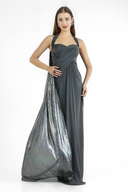 Shop_Cham Cham_Green Georgette Halter Neck Draped Gown _Online_at_Aza_Fashions