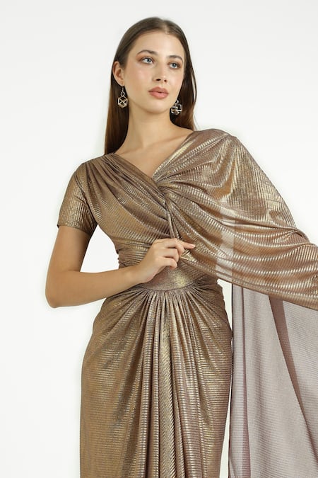Cham Cham_Gold Polyester V-neck Pleated Gown With Shoulder Trail _Online_at_Aza_Fashions