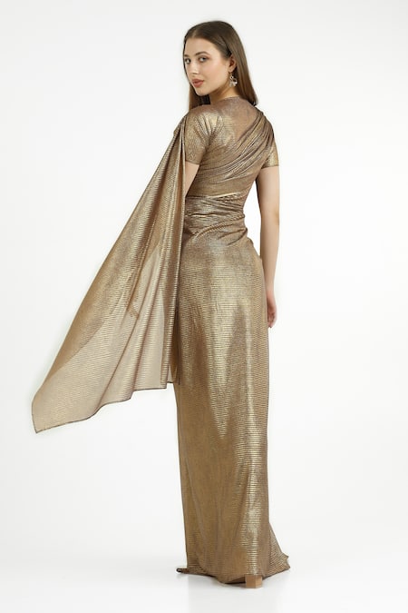 Cham Cham Pleated Gown With Shoulder Trail 