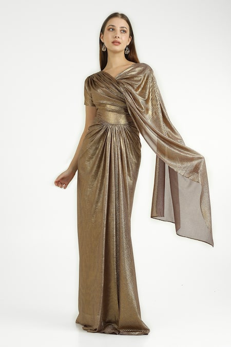 Buy_Cham Cham_Gold Polyester V-neck Pleated Gown With Shoulder Trail _Online_at_Aza_Fashions
