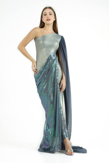 Buy_Cham Cham_Green Georgette Sequins One Shoulder Metallic Sea Draped Gown _Online_at_Aza_Fashions