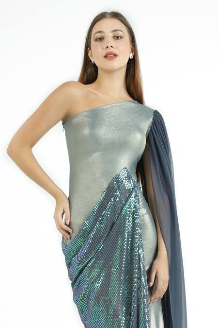 Shop_Cham Cham_Green Georgette Sequins One Shoulder Metallic Sea Draped Gown _Online_at_Aza_Fashions