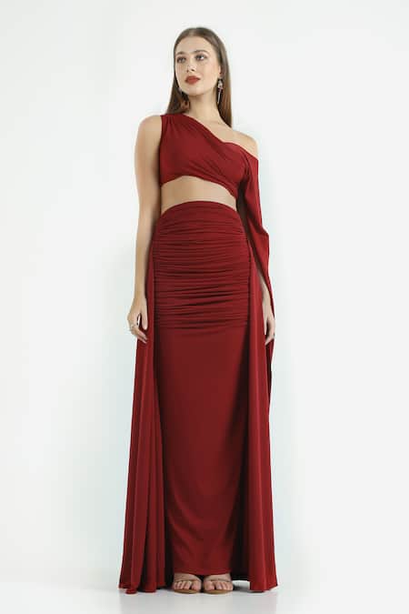 Buy_Cham Cham_Red Polyester One Shoulder Asymmetric Crop Top And Ruched Skirt Set _Online_at_Aza_Fashions