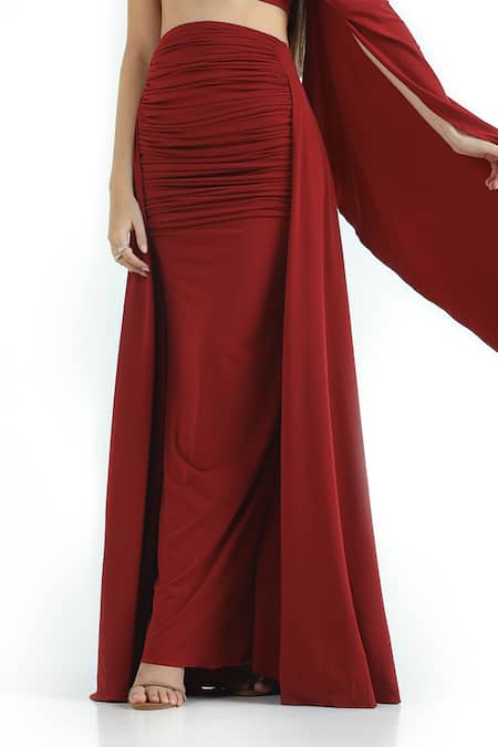 Cham Cham_Red Polyester One Shoulder Asymmetric Crop Top And Ruched Skirt Set _at_Aza_Fashions