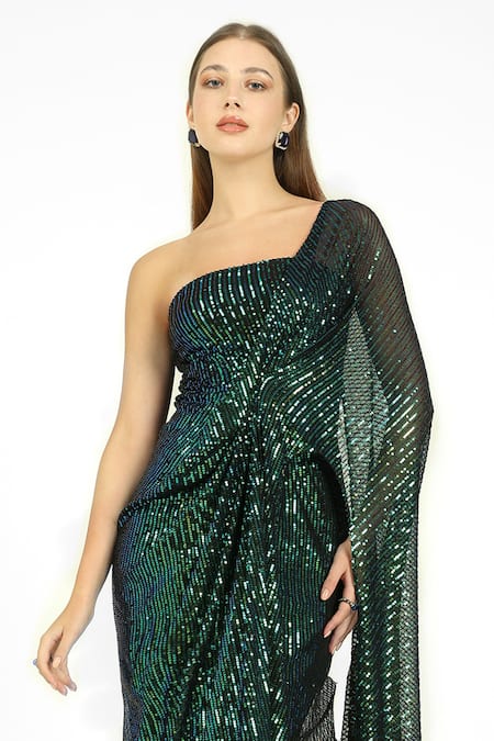 Buy_Cham Cham_Green Polyester Sequins One Shoulder Drape Gown _Online_at_Aza_Fashions
