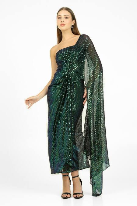 Shop_Cham Cham_Green Polyester Sequins One Shoulder Drape Gown _Online_at_Aza_Fashions