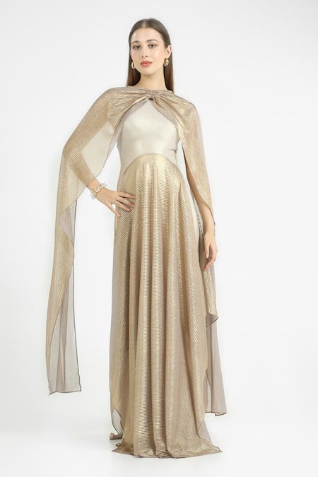 Cham Cham White Gold Pleated Flare Gown With Sash 