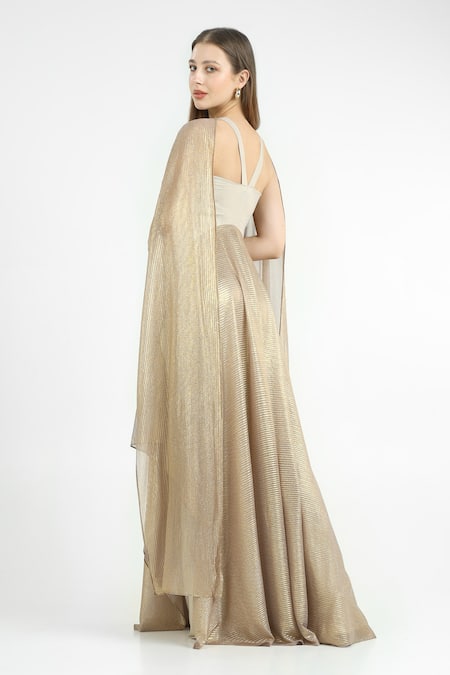 Cham Cham White Gold Pleated Flare Gown With Sash 