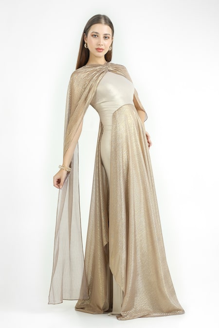 Shop Cham Cham Gold Polyester Round Neck White Pleated Flare Gown With Sash Online at Aza Fashions Shop_Cham Cham_Gold Polyester Round Neck White Pleated Flare Gown With Sash _Online_at_Aza_Fashions