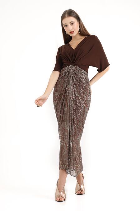 Buy_Cham Cham_Brown Polyester Sequins V-neck Meander Draped Midi Dress _Online_at_Aza_Fashions