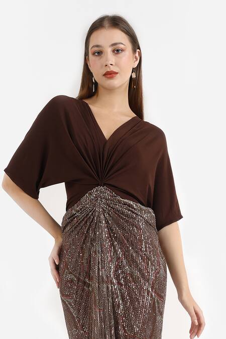 Shop_Cham Cham_Brown Polyester Sequins V-neck Meander Draped Midi Dress _Online_at_Aza_Fashions