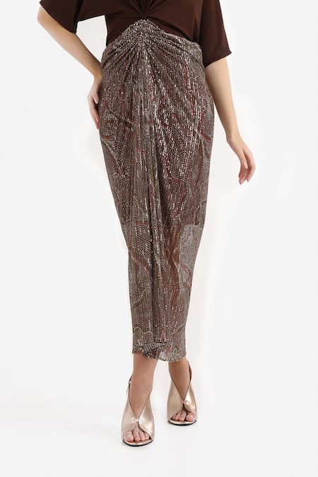Cham Cham_Brown Polyester Sequins V-neck Meander Draped Midi Dress _at_Aza_Fashions