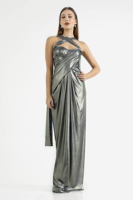 Cham Cham Draped Overlap Strap Metallic Gown 
