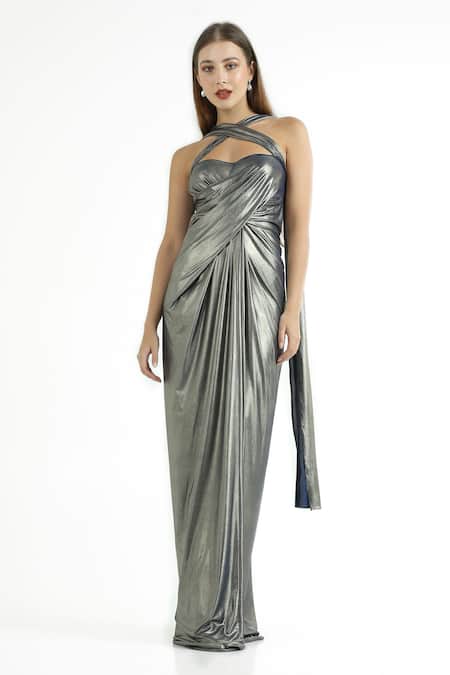 Buy_Cham Cham_Gray Polyester Halter Neck Draped Overlap Strap Metallic Gown _Online_at_Aza_Fashions