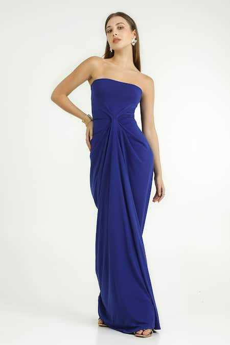 Buy_Cham Cham_Blue Polyester Bandeau Neck Draped Off-shoulder Gown _Online_at_Aza_Fashions