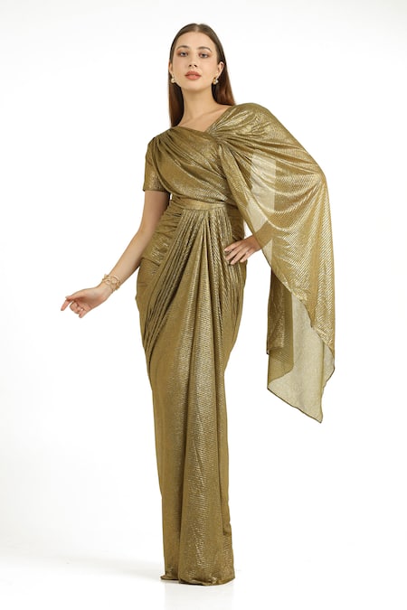 Buy_Cham Cham_Gold Polyester V-neck Electrum Gathers And Pleats Gown _Online_at_Aza_Fashions