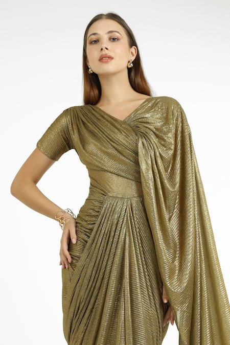 Shop_Cham Cham_Gold Polyester V-neck Electrum Gathers And Pleats Gown _Online_at_Aza_Fashions