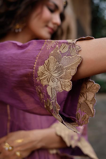 Charu Makkar Purple Chanderi, Cotton, Organza Embroidery V-neck Sukhi Kurta Set Online at Aza Fashions Charu Makkar_Purple Chanderi, Cotton, Organza Embroidery V-neck Sukhi Kurta Set _Online_at_Aza_Fashions