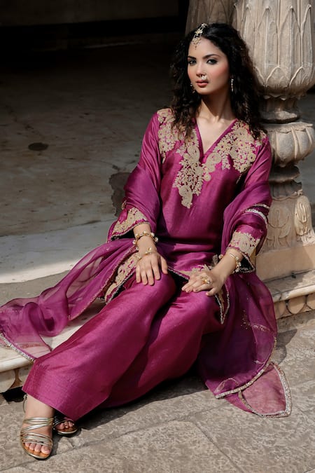 Shop_Charu Makkar_Purple Silk, Organza Embroidery V-neck Sargun Kurta Set _Online_at_Aza_Fashions