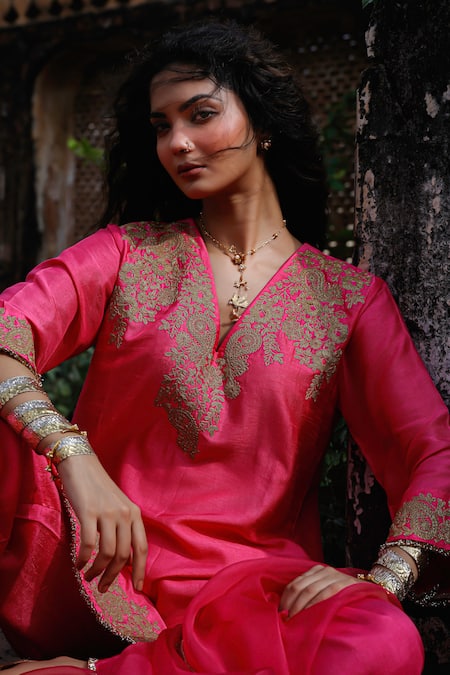 Shop_Charu Makkar_Pink Silk, Shantoon, Organza Embroidery, Zari, Gota Patti Surveen Kurta Set 