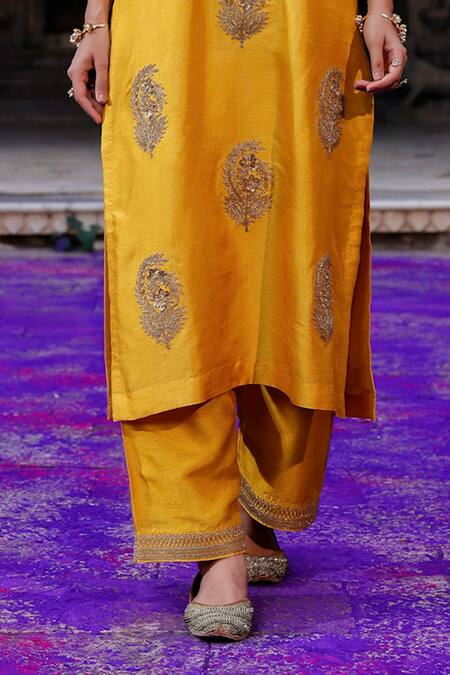 Charu Makkar_Mustard Shantoon, Organza Embroidery, Sequins, Zari, Lace Sahiba Kurta Set _at_Aza_Fashions