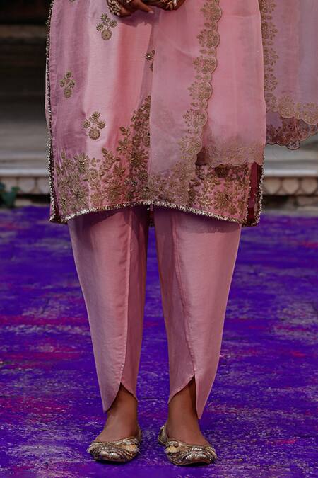 Charu Makkar_Pink Silk, Organza Embroidery Split V-neck Kubra Kurta Set _Online_at_Aza_Fashions