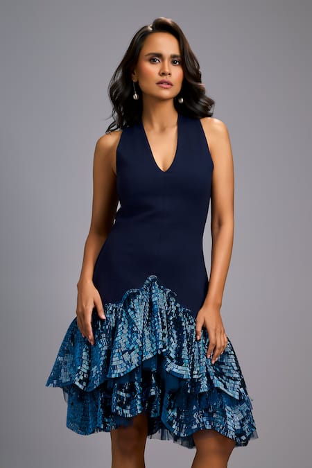 Shop_Deepika Arora_Navy Roma Sequins, Embroidery Halter Neck, Shimmer Ruffle Dress _Online_at_Aza_Fashions
