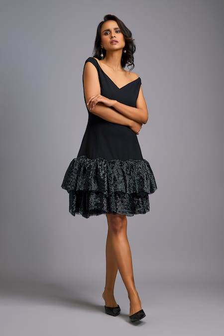 Deepika Arora Off-Shoulder V-Neck Flared Dress 