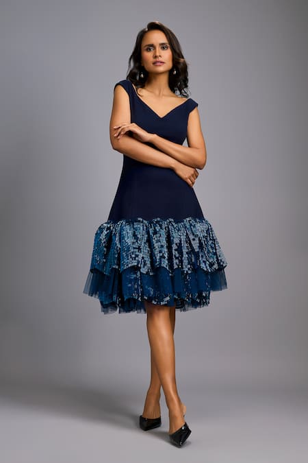 Buy_Deepika Arora_Navy Roma Sequins, Ruffles V-neck Flared Dress _Online_at_Aza_Fashions