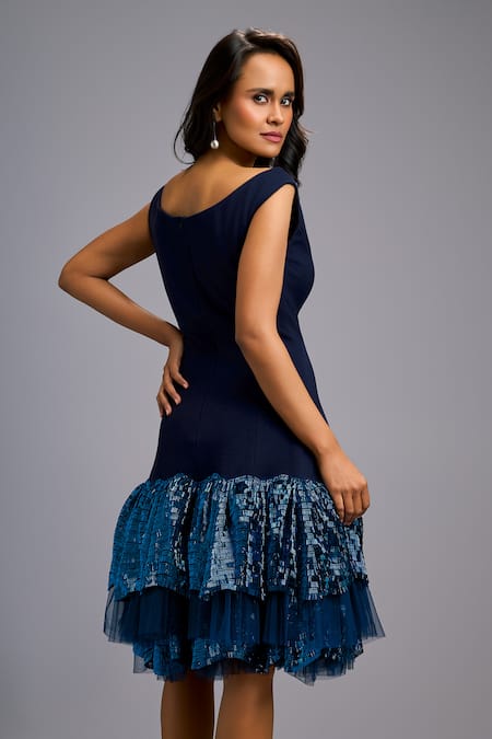 Deepika Arora_Navy Roma Sequins, Ruffles V-neck Flared Dress _at_Aza_Fashions