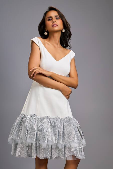 Deepika Arora_White Roma Sequins, Ruffles V-neck Off-shoulder Dress _at_Aza_Fashions