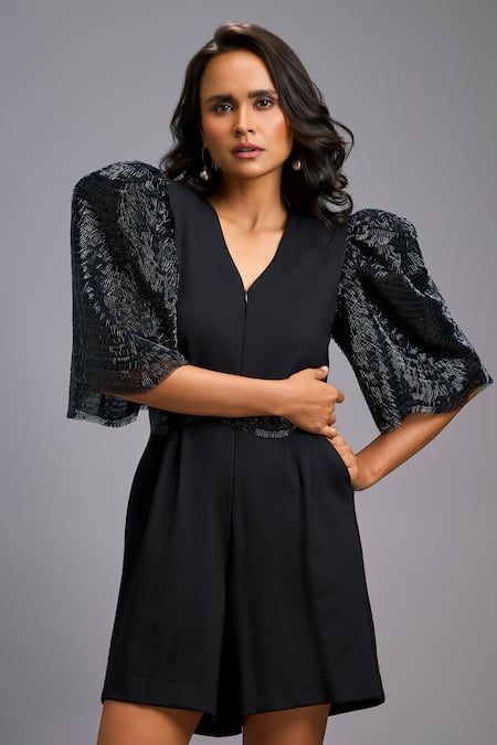 Deepika Arora_Black Roma Embroidery V-neck Textured Puff Sleeve Playsuit _Online_at_Aza_Fashions