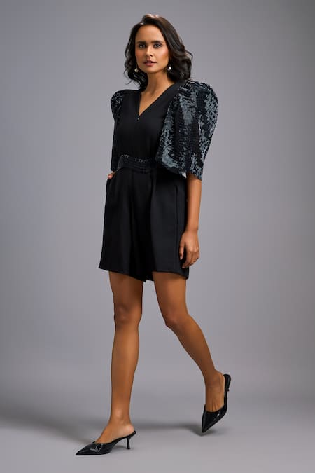 Buy_Deepika Arora_Black Roma Embroidery V-neck Textured Puff Sleeve Playsuit _Online_at_Aza_Fashions