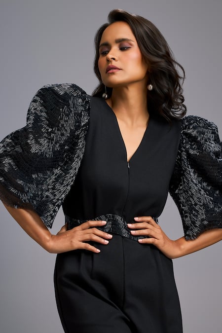 Shop_Deepika Arora_Black Roma Embroidery V-neck Textured Puff Sleeve Playsuit _Online_at_Aza_Fashions