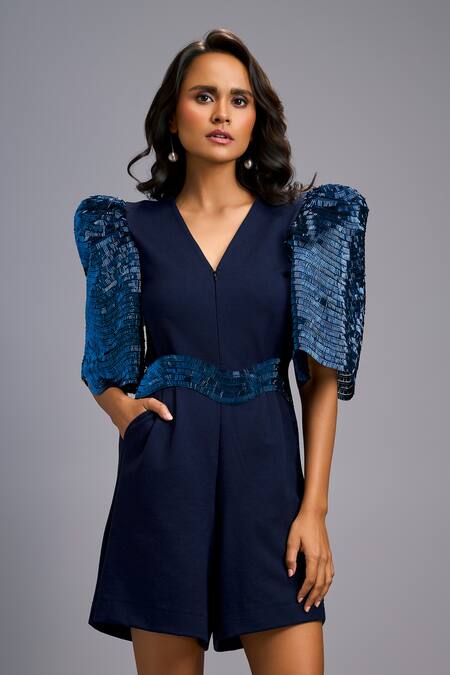 Deepika Arora Navy Roma Sequins, Embroidery V-neck Playsuit With Shimmer Belt at Aza Fashions Deepika Arora_Navy Roma Sequins, Embroidery V-neck Playsuit With Shimmer Belt _at_Aza_Fashions