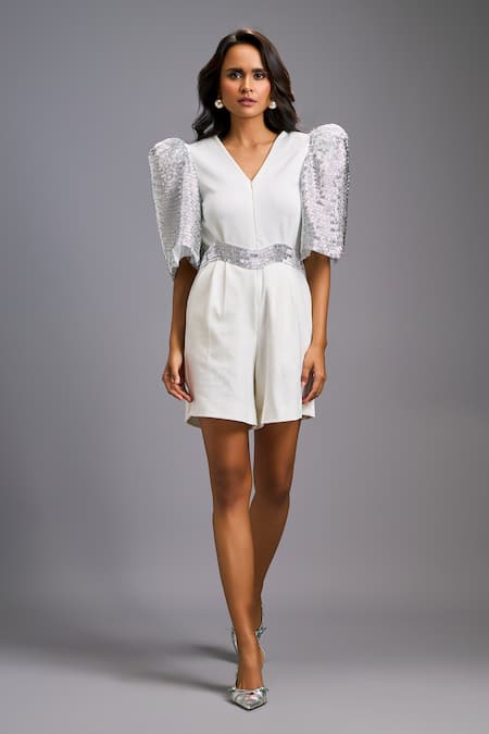 Deepika Arora Textured Puff Sleeve Shimmer Embroidered Playsuit 