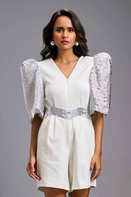Buy_Deepika Arora_Off White Roma Sequins, Embroidery V-neck Textured Puff Sleeve Shimmer Playsuit _Online_at_Aza_Fashions