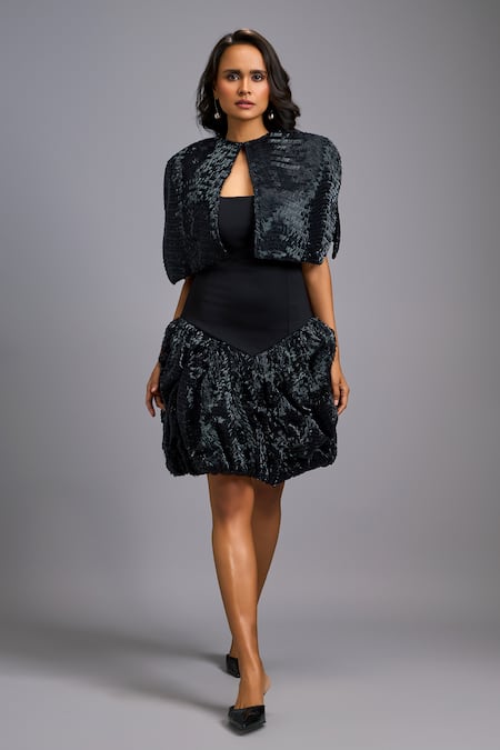 Deepika Arora_Black Roma Embroidery Bandeau , Round Ruch Shimmer Dress With Cape _Online_at_Aza_Fashions