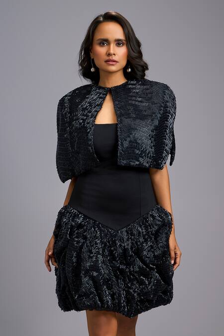 Deepika Arora_Black Roma Embroidery Bandeau , Round Ruch Shimmer Dress With Cape _at_Aza_Fashions