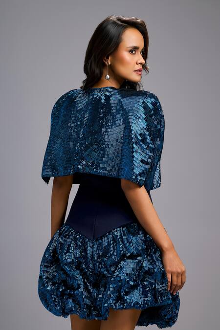 Deepika Arora_Navy Roma Sequins, Embroidery Bandeau Neck, Round Ruch Shimmer Dress With Cape _Online_at_Aza_Fashions
