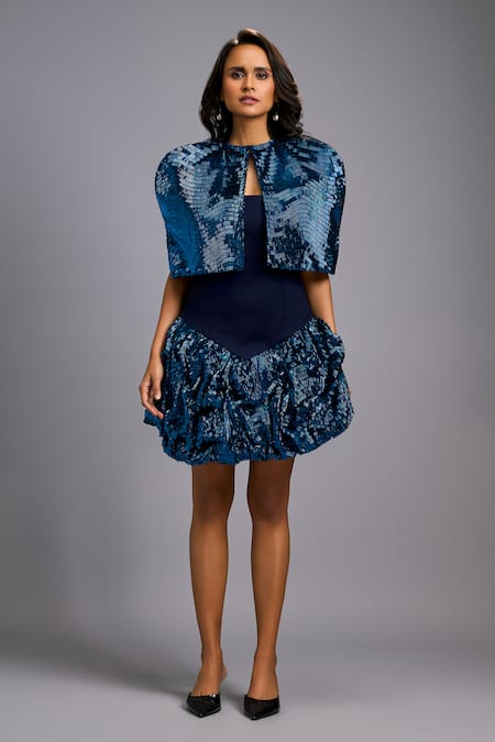 Shop_Deepika Arora_Navy Roma Sequins, Embroidery Bandeau Neck, Round Ruch Shimmer Dress With Cape _Online_at_Aza_Fashions